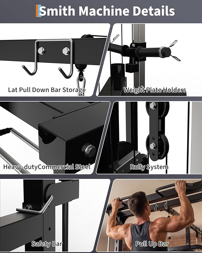 Garvee Smith Machine, Heavy Duty Power Cage Squat Rack with Smith Bar, LAT Pulldown System, Chest Station & More Training Attachment, Home Gym Equipment for Strengthen Training
