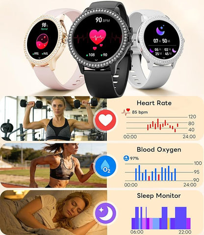 Smart Watch for Women Diamond, Bluetooth Calls, 1.32-inch HD Screen Round Fitness Tracker with Menstrual Cycle/Sleep/Heart Rate Monitor, 100+ Sports Mode, Android/iOS Phone, Black