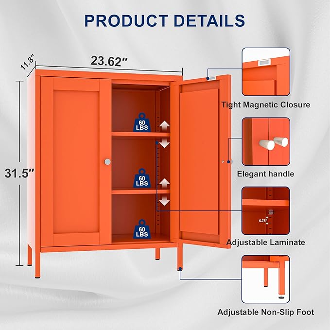 Orange Metal Sideboard Cabinet, Small Bathroom Storage Cabinets, Metal Storage Cabinet with 2 Doors and Adjustable Shelves for Kitchen Dining Room Living Room, Entryway,Office
