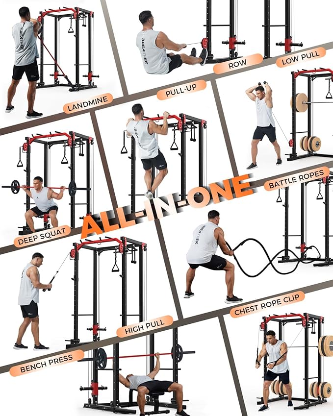 Power Cage, Power Rack with Cable Crossover System, 2000LBS Squat Rack with LAT Pull Down System, Workout Cage with Pulley System for Fitness Home Gym Strength Training (Red&Black)