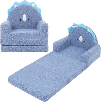 MOONBEEKI 2-in-1 Foldable Toddler Couch, Soft Sherpa Fabric with Washable Cover, Convertible Sofa to Lounger, Kids Sofa for Playroom, Bedroom, Living Room, Birthday Gift, Ages 1-3, Blue Triceratops