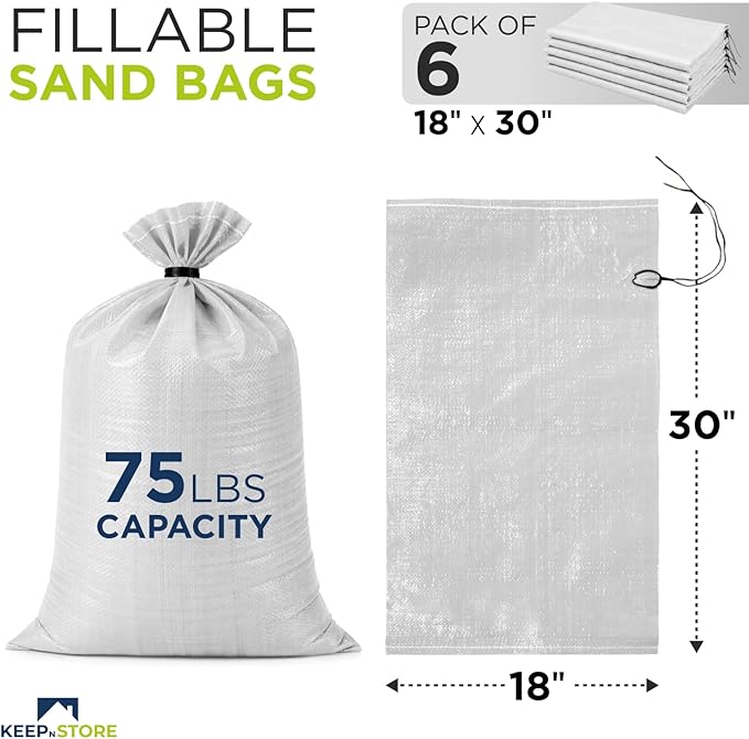 Heavy Duty Sand Bags Pack of 6, White Empty Sandbags with Built-In Ties, Woven Polypropylene UV Protection 1600 Hours, Fillable Bags for Flood Control, Weight, 18x30 inches, 75 Pounds Volume