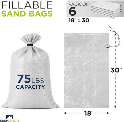Heavy Duty Sand Bags Pack of 6, White Empty Sandbags with Built-In Ties, Woven Polypropylene UV Protection 1600 Hours, Fillable Bags for Flood Control, Weight, 18x30 inches, 75 Pounds Volume