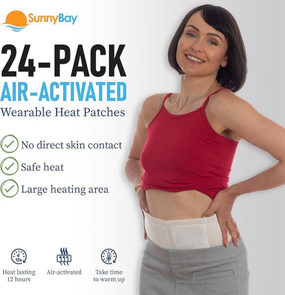 SunnyBay 24-Pack Air-Activated Wearable Heat Patches for Back Pain – Self-Supporting with 4 Belts (No Sticky Back) – Heating Pads for Cramps, Neck, Shoulder – Up to 113°F Warmth