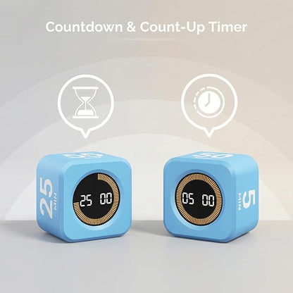 KADAMS Pomodoro Timer – Visual Cube with 5/10/30/60 Min Presets, LED Countdown Ring & Count Up Mode, Silent Flip Productivity Timer for Study, Classroom, Office, Cooking (Blue 5-10-25-50 min)