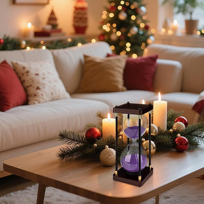 60 Minutes Sand Hourglass Timer, Vintage Sand Clock 60 Minutes, Large White Sander with Wooden End Caps, Hour Glass Sandglass Timer for Games Classroom Kitchen Decor (Purple Sand)