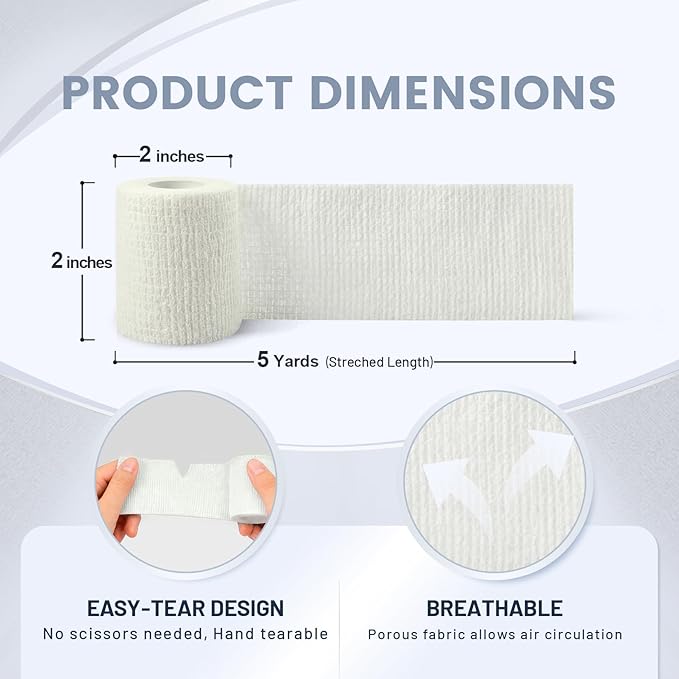 40 Pack Self Adhesive Bandage Wrap, 2 Inch Strong Compression Self Adherent Tape in White, Elastic Athletic Support for Wrist Ankle and Swelling Relief, Ideal for Wrist Ankle Thumb Support