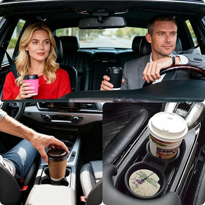 Car Cup Holder Coasters, 2 Pcs Ceramic Coasters with Finger Slot and Cork Back, Anti-Slip Shock Absorbing Women and Men Universal Car Accessories - Dragonfly