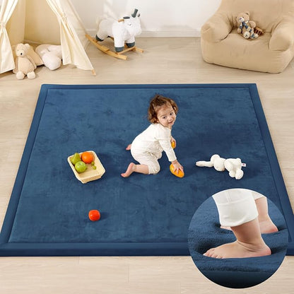1.3" Thick Baby Play Mat for Floor, 79x79 Large Foam Tummy Time Mat, Padded Support Soft Plush Nursery Rug for Infant Kids Toddler Crawling Kick Activity (Royal Blue)