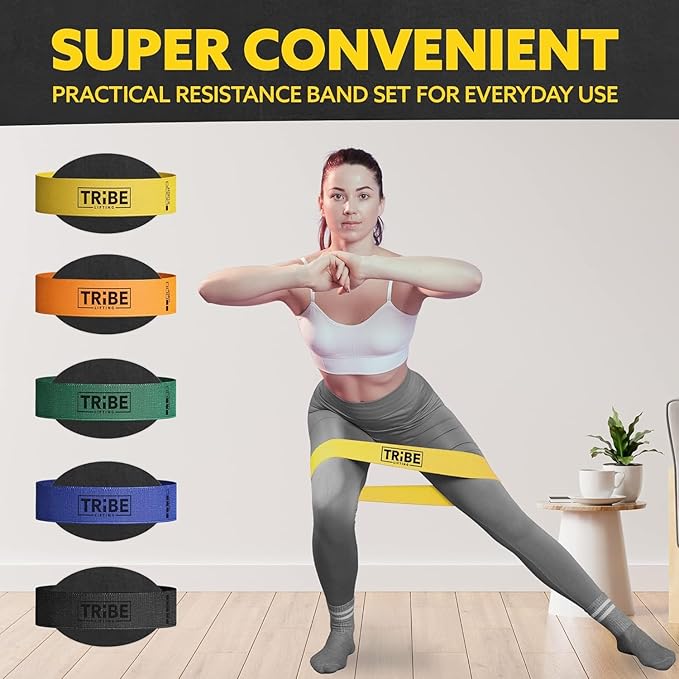 Tribe Lifting Fabric Resistance Bands for Working Out - 5 Exercise Bands Set for Legs and Glutes - Booty Bands for Women and Men - Thick Cloth Workout Bands for Physical Therapy, Hip Training