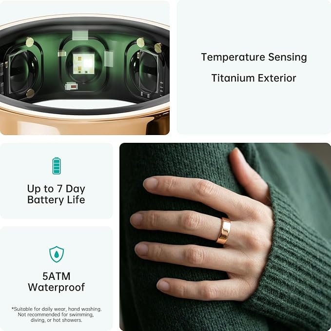 opove O Ring Smart Ring, Fitness Trackers Rings with Sleep/Stress/Heart Rate/Women's Health Monitoring, Comfortable Wearing, Up to 7 Days Using, Fitness Ring for Android & iOS, Rose Gold-Size6
