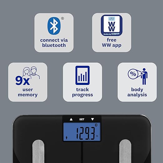Weight Watchers Scales by Conair Smart Scale for Body Weight, Digital Bluetooth Smart Bathroom Scale with Body Fat, Muscle, and BMI in Black