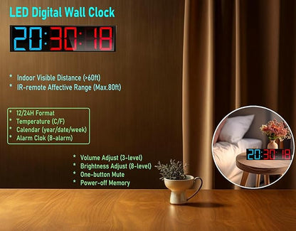 26'' Extra Large Home GYM Timer Clock, Programable Workout Interval Timer, Digital Wall Clock, with 7-color Night Light, 8 Alarm Clocks, Calendar/Temperature, Countdown & Stopwatch (Blue & Red)