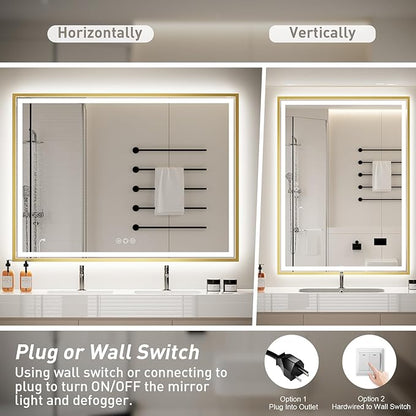 48X30 Inch Led Bathroom Mirror,Front and Backlit Lighted Mirror,Gold Metal Frame Vanity Light Mirror for Wall,Double Lights Strips,Anti Fog Stepless 3 Colors Temperature & Dimmable