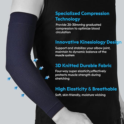 KEKING® Compression Arm Sleeves, Firm 20-30mmHg Graduated Compression Full Arm Support for Recovery, Pain Relief, Tendonitis, Golfers & Tennis Elbow Brace, Workouts Sports - Latex Free Dark Blue L