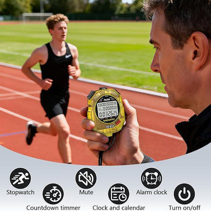 Stopwatch Timer 10 Splits/Laps Digital Stop Watch for Sports, Countdown Alarm Clock Date Memory Recall Large Display, Stopwatch for Coaches PE-Teacher Referee (Yellow, 10 Splits/laps)