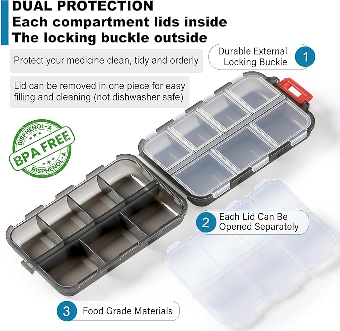 3 Pack 14 GRIDS Travel Pill Organizer Box with Labels - Travel Medicine Case Kit - Pocket Daily Pharmacy Container - Travel Medication Holder Dispenser for Fish Oil Vitamin Supplement Storage - Clear