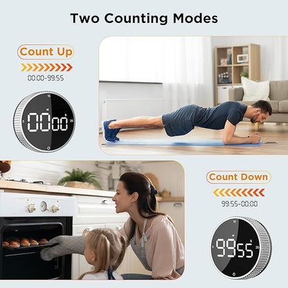 Upgrade Digital Kitchen Timer - Magnetic Countdown Countup Visual Pomodoro Timer with Large LED Display, 3-Preset Times (5, 15, 25), 3 Volume Levels, Ideal for Cooking, Baking and Fitness (1, Silver)