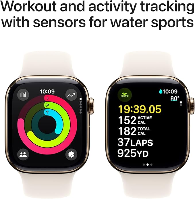 Apple Watch Series 10 [GPS + Cellular 42mm] with Gold Titanium Case with Starlight Sport Band - S/M. Fitness Tracker, ECG App, Always-On Retina Display, Water Resistant with AppleCare+ (2 Years)