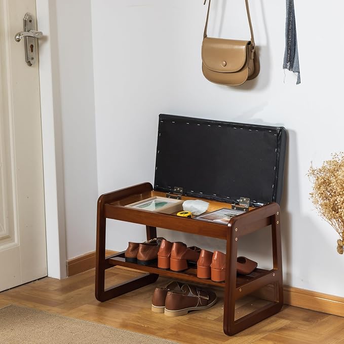 Solid Wood Shoe Bench, 2-Tier Entryway Bench with Cushion and Flip-Open Storage Box, Mid-Century Modern Shoe Bench Rack for Hallway, Mudroom(Black, 21.65'')