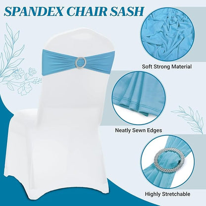 MDS Pack of 150 Spandex Chair Sashes Bow Universal fits Elastic Stretch Chair Bands Ties with Buckle for Wedding Party Banquet Events Decoration Spandex Slider Sashes Bow - Blue