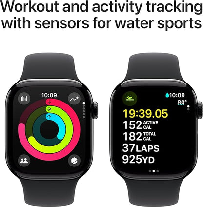 Apple Watch Series 10 [GPS + Cellular 42mm case] Smartwatch with Jet Black Aluminum Case with Black Sport Band - S/M. Fitness Tracker, ECG App, Always-On Retina Display, Water Resistant