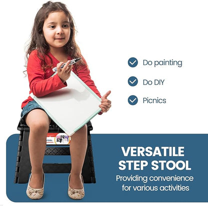 ACSTEP 9 Inch Folding Step Stool 300 LB Capacity Non Slip Foot Stool with Handle Plastic Foldable Step Stools for Kids Stepping Stool for Bathroom Black Small Step Stool (1 PC Black)