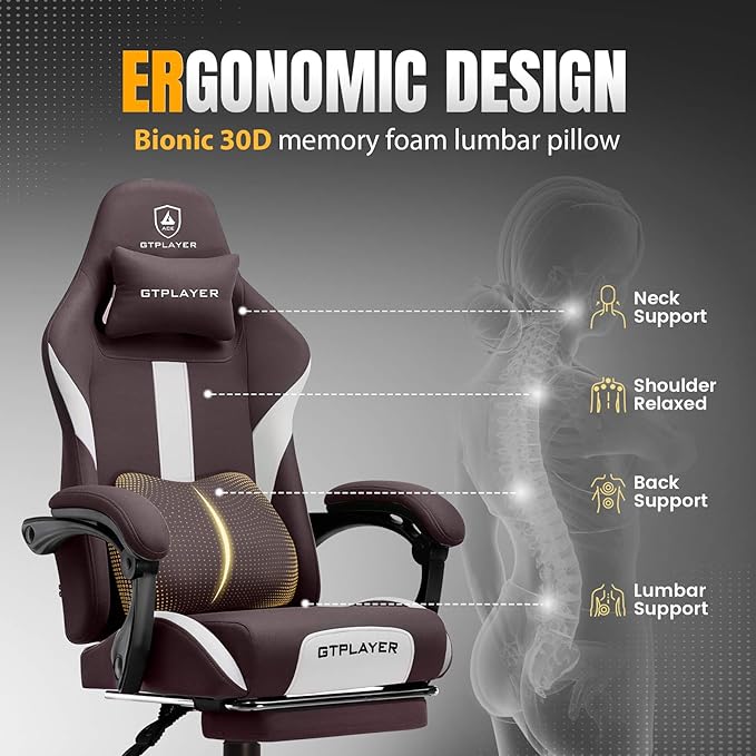 GTRACING Gaming Chair with Foot Rest & Pocket Spring Cushion, Breathable Fabric for Home Office Desk, Ergonomic High Back Computer Chair with Headrest & Lumbar Support, Brown