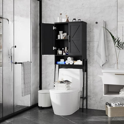 Over The Toilet Storage Cabinet with 2-Door Design Bathroom Organizers and Storage with Anti-Tip Device Over Toilet Organizer with Shelves for Bathroom,Restroom,Laundry Black