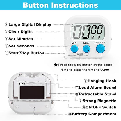 6 Pack Digital Kitchen Timer Multi-Function Magnetic Timers Classroom Timer for Kids Loud Alarm Big LCD Display Electronic Count Up Countdown Timers for Cooking, Classroom, Exercise, Study, Meeting