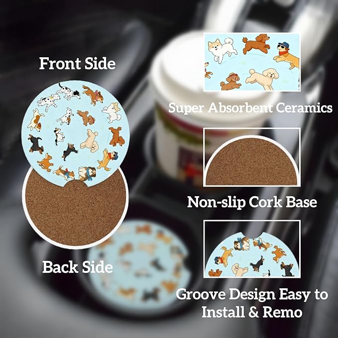 Car Cup Holder Coasters, 2 Pcs Ceramic Coasters with Finger Slot and Cork Back, Anti-Slip Shock Absorbing Women and Men Universal Car Accessories - Cute Dog Circle