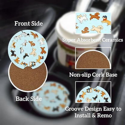 Car Cup Holder Coasters, 2 Pcs Ceramic Coasters with Finger Slot and Cork Back, Anti-Slip Shock Absorbing Women and Men Universal Car Accessories - Cute Dog Circle