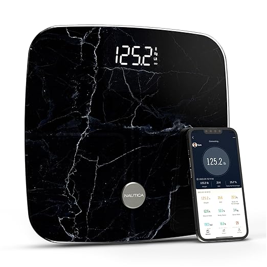 Nautica Body Tracker Digital Bathroom Scale, Bluetooth-Enabled Smart Scale with BMI, Body Fat, Muscle Mass Tracking & More, Syncs with Smartphone App for Body Composition Tracking, 440 Lbs.