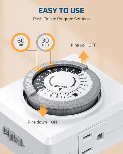 DEWENWILS24 Hour Cycle Plug-in Mechanical Timer, Indoor Timer for Electrical Outlets, 30-Minute Intervals, Dual 3 Prong Outlets, 125V 15A for Room Lights, Lamps, ETL Listed, 1 Pack