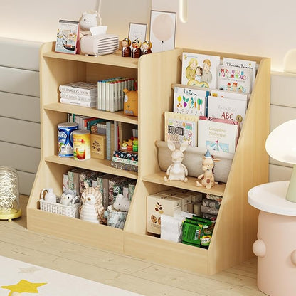 39" Large Kids Wooden Bookshelf and Toy Storage Organizer, Baby Bookcase with Sling Book Rack, Children Toddler Wooden Book Shelf for kids rooms, Playroom, Classroom, Nursery, School (Natural)