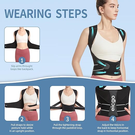 Posture Corrector,Suitable for Men and Women Upper and Lower Back Pain Relief - Scoliosis, Hunchback, Eicgo Adjustable Posture Corrector belt,Comfortable and Breathable Back Straightener (Black, Medium)