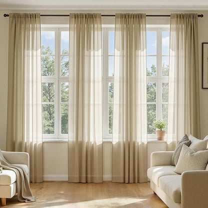 MIULEE Beige Sheer Curtains 90 Inches Long, 4 Panels Set, Rod Pocket Voile Drapes Light Filtering and Semi Transparent, Elegant Window Treatments for Bedroom Living Room,54 x 90 Inches