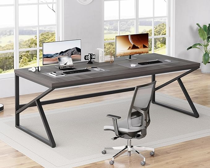 HSH Extra Long Home Office Desk, Industrial Metal Wood Computer Desk, Large PC Laptop Table for Two Person Executive Writing Work Study Gaming, Bedroom Living Room Dual Monitor Desk, Dark Gray,78 Inch