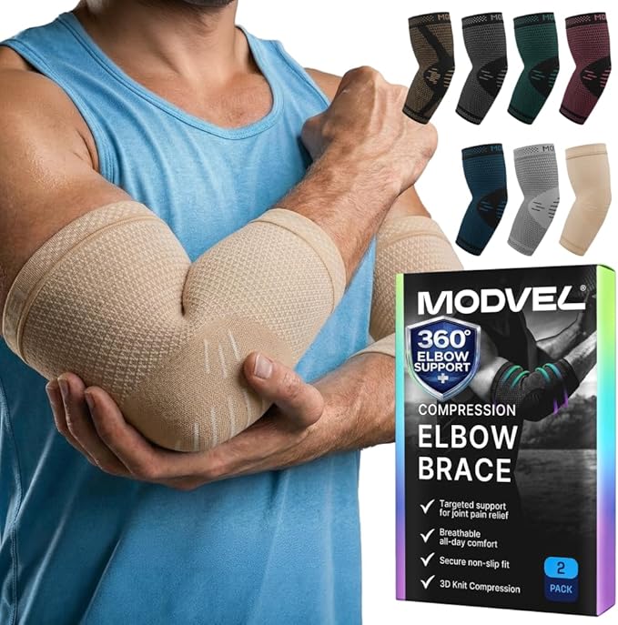 Modvel 2 Pack Elbow Brace - Golfer's Elbow Compression Sleeve Support for Joint Pain Relief, Recovery, Tendonitis Braces, Tennis Elbows Brace For Men & Women, Workout & Weightlifting Arm Wrap, Nude
