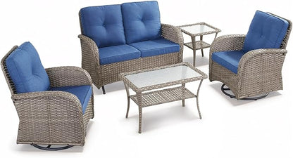 HUMMUH Patio Furniture Wicker Outdoor Furniture Sets High Back Outdoor Glider Bench with Patio Swivel Chairs Patio Conversation Sets for Deck Lawn Porch Balcony Poolside-Grey/Blue