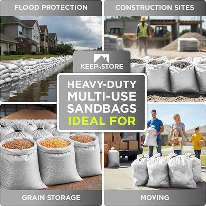 Heavy Duty Sand Bags Pack of 3, White Empty Sandbags with Built-In Ties, Woven Polypropylene UV Protection 1600 Hours, Fillable Bags for Flood Control, Weight, 14x26 inches, 50 Pounds Volume