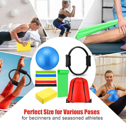 Silipull 10 Pcs Pilates Ring Blocks Set for Women Home Yoga Equipment Accessories Pilates Ring Circle and Ball Workouts Gift Include Ball Yoga Circle Resistance Bands Block Straps Gym Bag