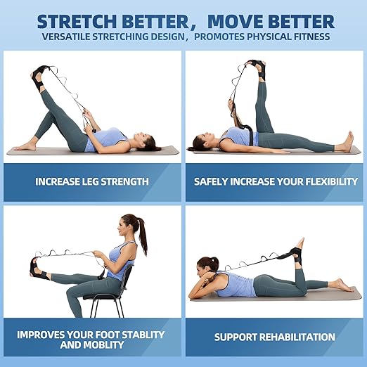 comness Foot and Calf Stretcher-Stretching Strap For Plantar Fasciitis, Heel Spurs, Foot Drop, Achilles Tendonitis & Hamstring. Yoga Foot & Leg Stretch Strap. (Black)