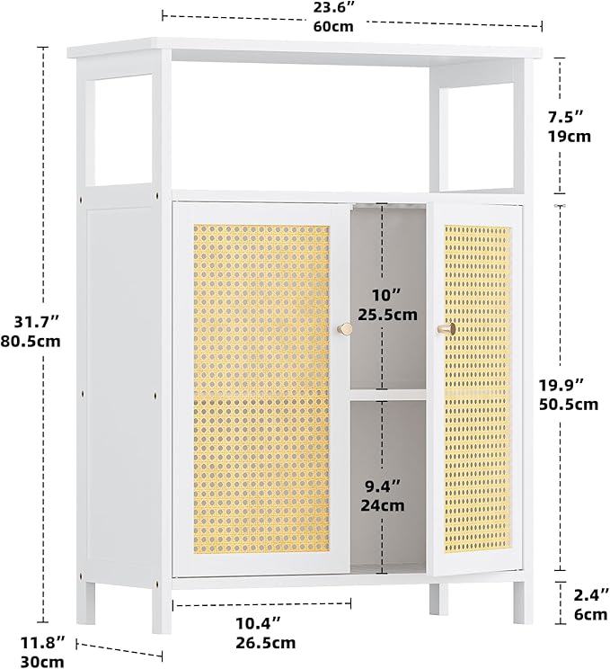 HITNET Bamboo Cabinet, Rattan Storage Cabinet with Doors, Freestanding Floor Cupboard for Bathroom, Living Room, Hallway, White