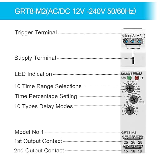 Relay 12V, Timer Relay Delay Off Trigger, Off Delay Timer with 10 Function Choices, Wide Voltage Multifunctional Relays for Electric Appliances, XS-SJ-M2-AC/DC12V~240V, 35mm DIN Rail Mounting
