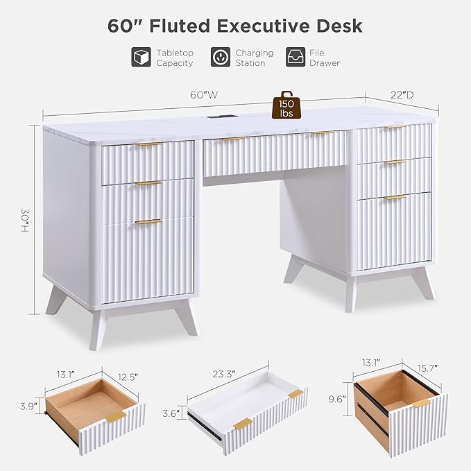 T4TREAM 60'' Fluted Executive Desk with Drawers, Modern Home Office Computer Desk with Charging Station, Keyboard Tray, File Drawer and Storage Cabinet for Study, Living Room, Bedroom, Solid White