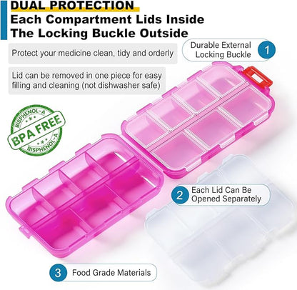 3 Pack 14 Grids Travel Pill Organizer Box with 415-Pcs Medicine Name Labels - Pocket Daily Pharmacy Case Container Kit - Travel Medication Holder Dispenser for Fish Oil Vitamin Supplement - Clear