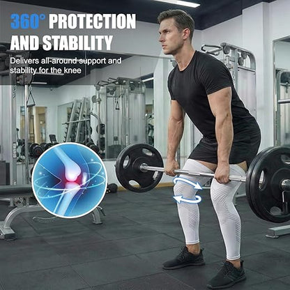 NuCamper Full Leg Compression Sleeves for Men and Women,2 Pack Legs Sleeves Long Knee Brace Support for Running, Basketball, Cycling, Workout, Sports - White,S