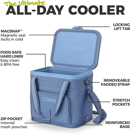 CORE Magnetic Zipperless Soft Cooler | Insulated Hard Liner Ice Chest Box | Best Portable Soft Cooler for Food & Beverages for Tailgating, Car Camping, and Family Beach Picnics