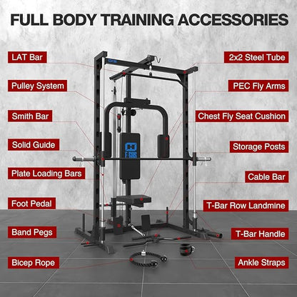 FAGUS Smith Machine Home Gym Power Cage with Pulley System, Space Saving Design Squat Rack with Full Body Strength Training Attachments, PEC Station & Fixed Cable Crossover Optional